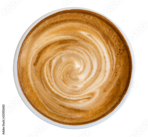 Hot coffee latte cappuccino spiral foam top view isolated on white background, clipping path included