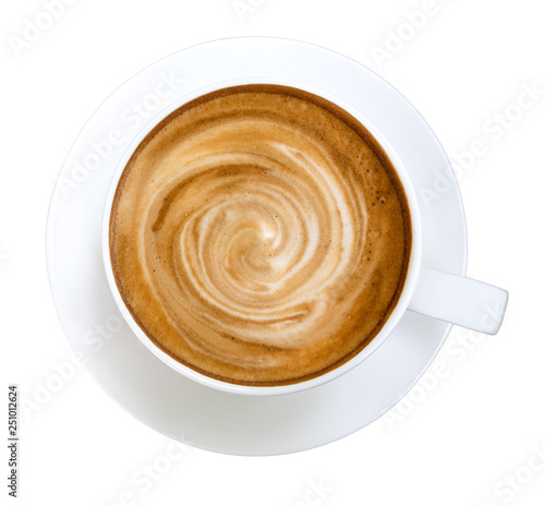 Hot coffee latte cappuccino spiral foam in ceramic cup on plate top view isolated on white background, clipping path included