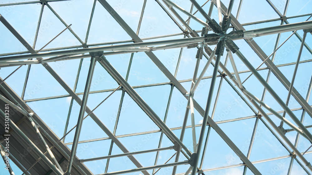 Structure of steel roof frame for building construction on sky background. Structure of steel roof frame for building construction on sky background.