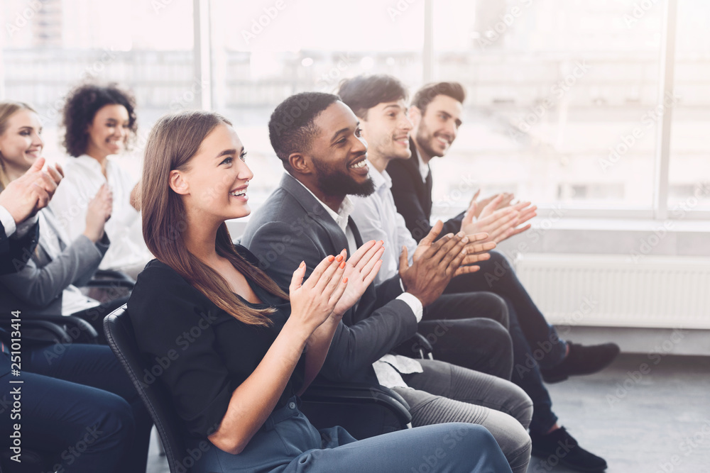 Business education. Colleagues clapping hands at seminar Business education. Colleagues clapping hands at seminar