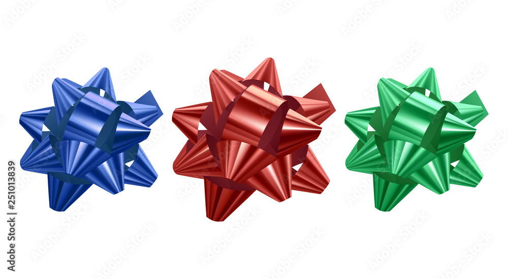 Set of festive bows of blue, red and green colors on white background, vector illustration Set of festive bows of blue, red and green colors on white background, vector illustration