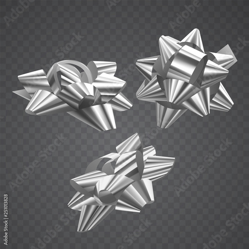 Set of White, festive bows in different angles on transparent background, vector illustration