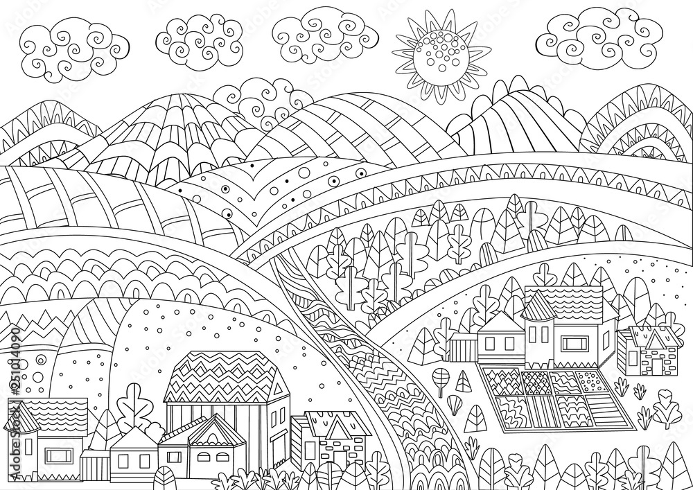 fancy rural landscape for your coloring page