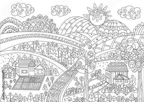 upland panorama with funny houses and fields for your coloring p
