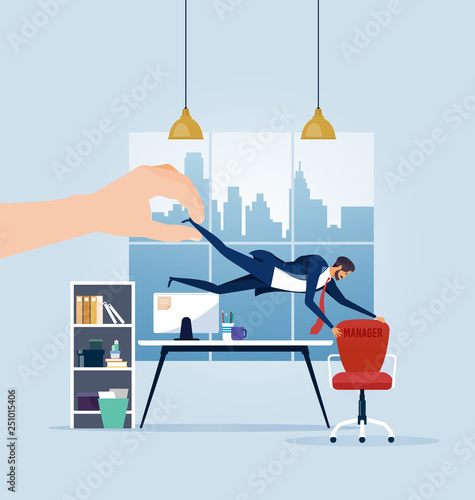 Businessman being dragged away from a office chair by huge hand