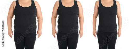 Overweight woman on white background, closeup view