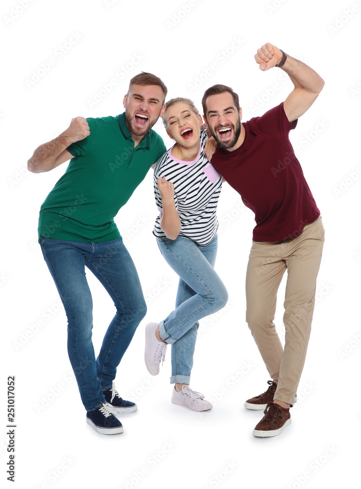 Young people celebrating victory on white background Young people celebrating victory on white background