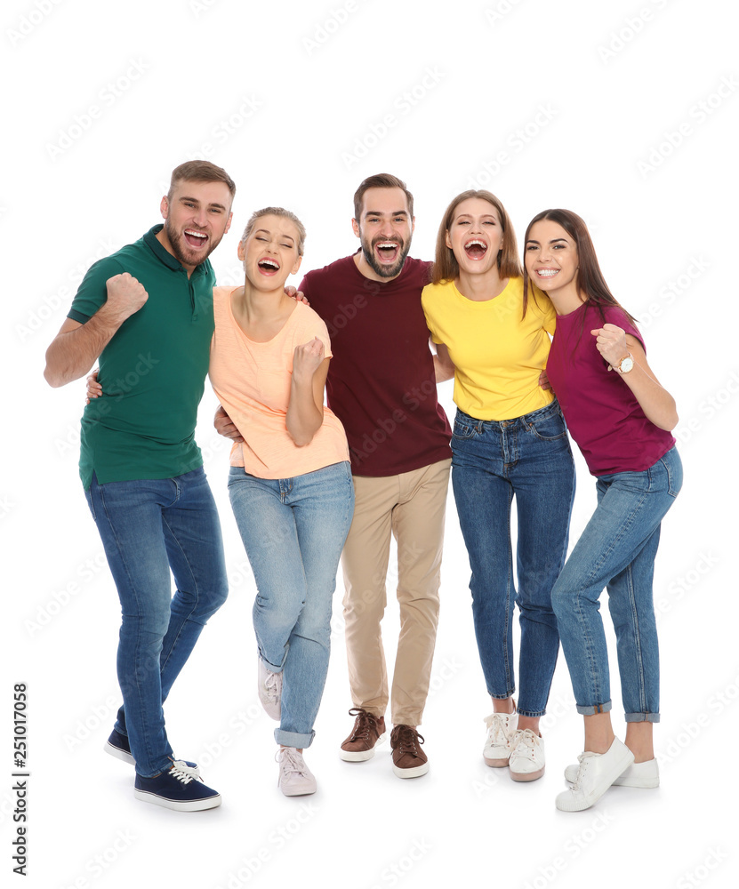 Young people celebrating victory on white background Young people celebrating victory on white background
