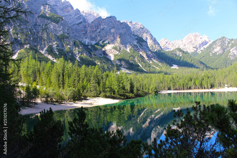 Landscape of Braies Lake (Lago di Braies), Dolomites, Italy