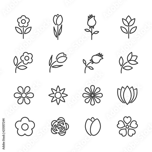 Vector set of flowers line icons.
