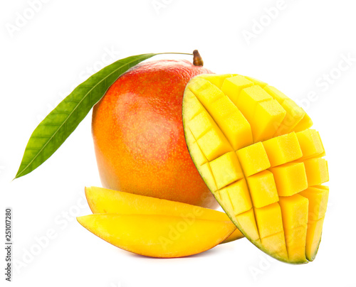 Delicious ripe mangoes on white background. Tropical fruit