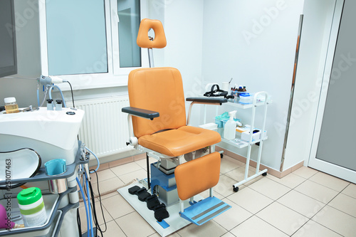 Interior of otolaryngologist s office with modern equipment in clinic