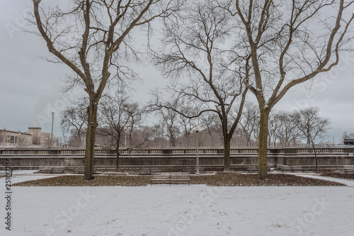 Wallpaper Mural Lonely bench between two barren trees with snow covered ground in urban area Torontodigital.ca