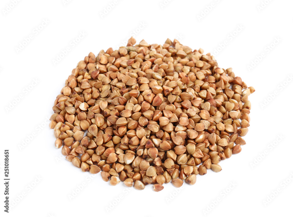 Uncooked buckwheat on white background. Healthy diet Uncooked buckwheat on white background. Healthy diet