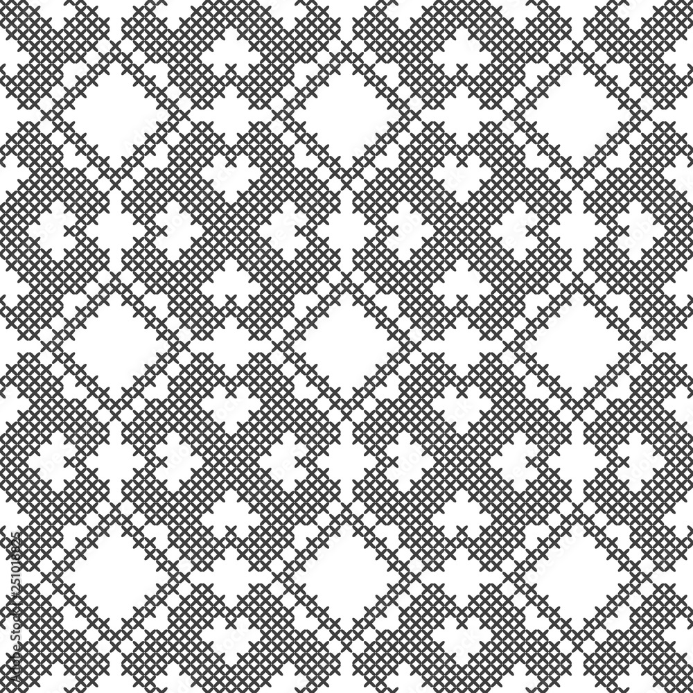 Fototapeta premium Cross stitch. Black and white seamless pattern. Embroidery, knitting. Abstract geometric background. Ethnic ornaments.
