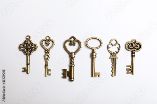 Bronze vintage ornate keys on white background, top view © New Africa