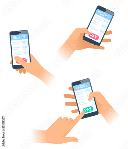 A hands hold a smartphones with online bill payment. Female and male hands are pushing the pay button on the screen of mobile phone. The electronic receipt and invoice flat vector concept illustration