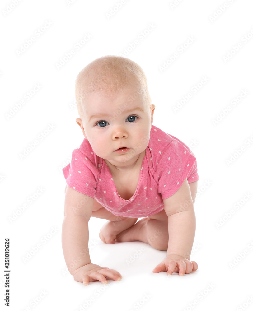 Cute little baby crawling on white background Cute little baby crawling on white background