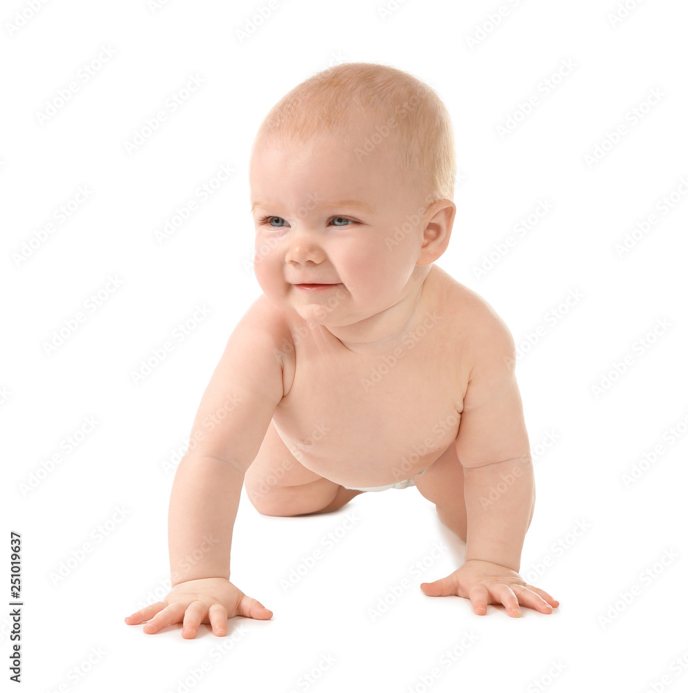 Cute little baby crawling on white background Cute little baby crawling on white background