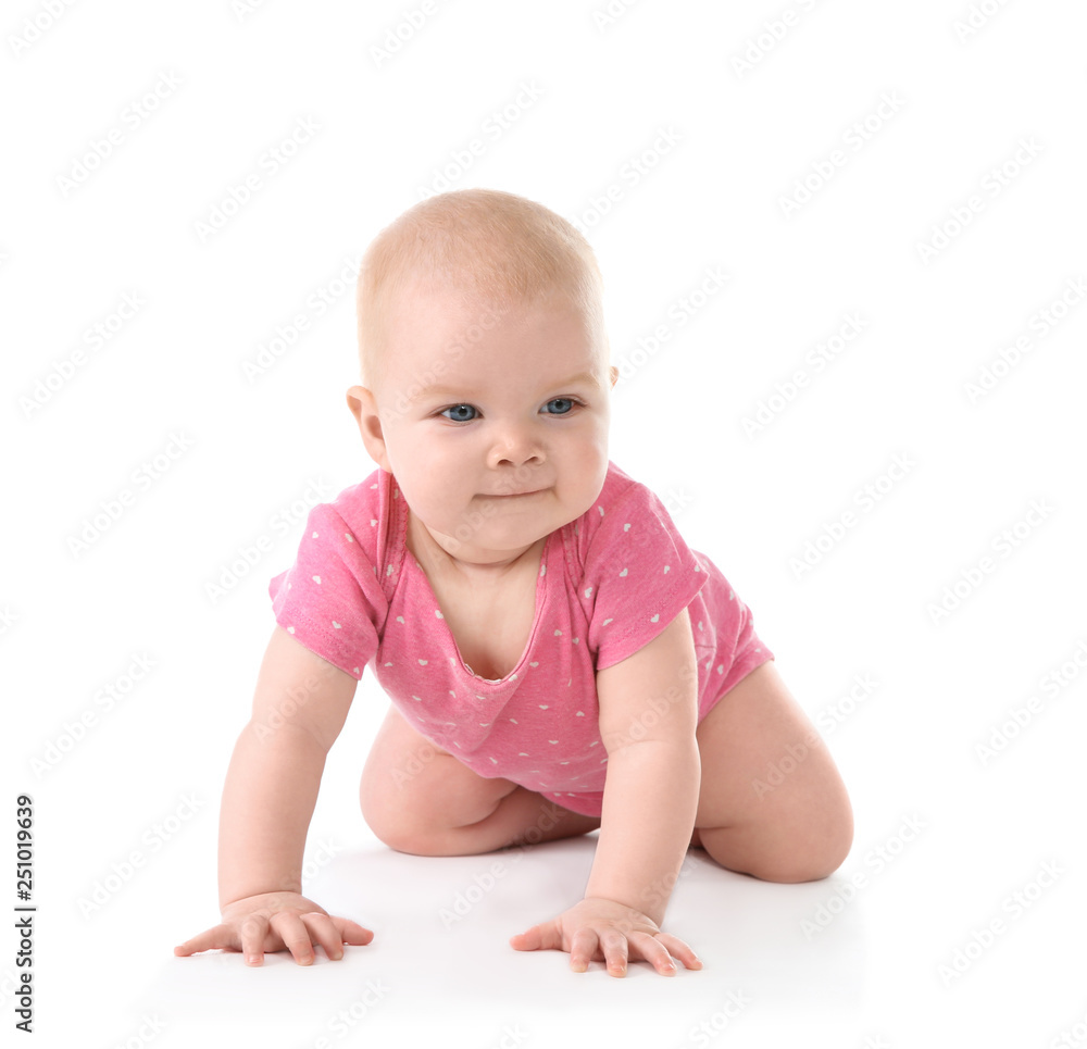 Cute little baby crawling on white background Cute little baby crawling on white background