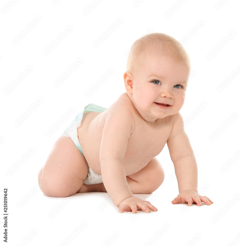 Cute little baby crawling on white background Cute little baby crawling on white background