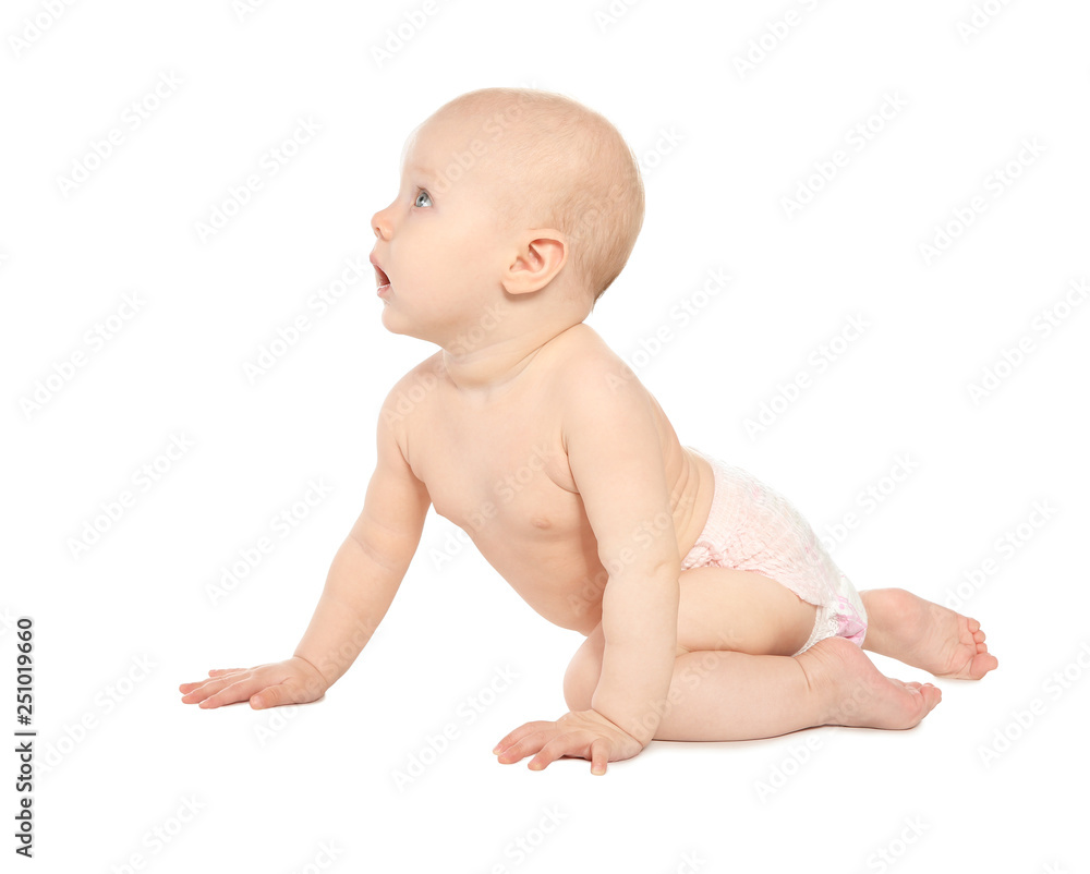 Cute little baby on white background. Crawling time Cute little baby on white background. Crawling time