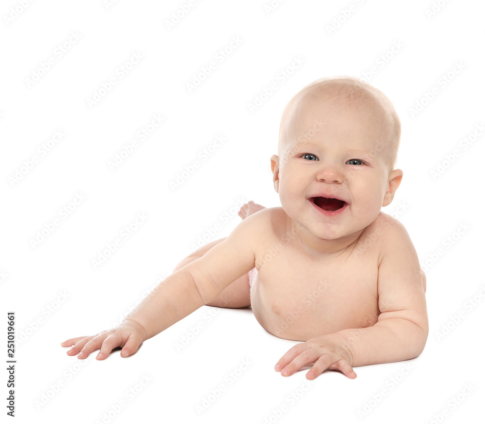 Cute little baby on white background. Tummy and crawling time Cute little baby on white background. Tummy and crawling time
