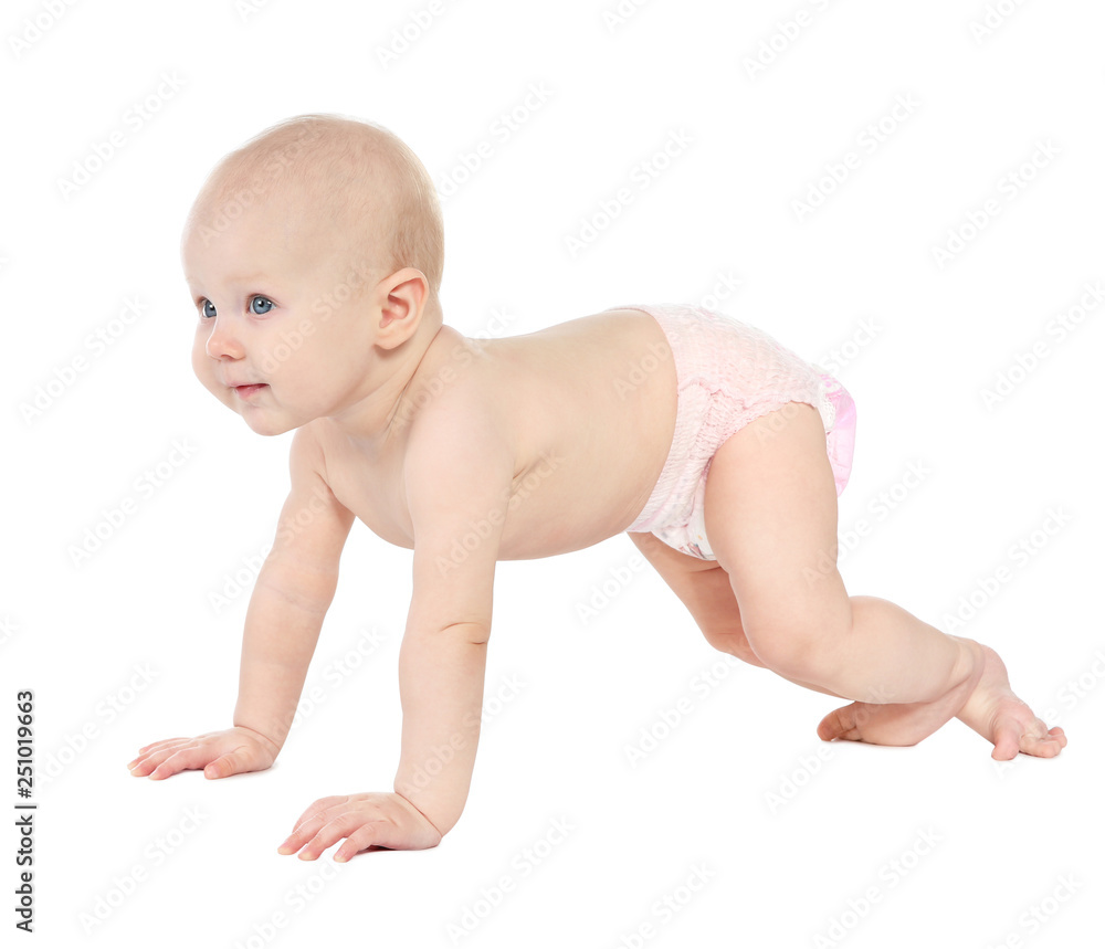Cute little baby crawling on white background Cute little baby crawling on white background