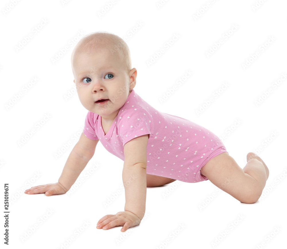Cute little baby crawling on white background Cute little baby crawling on white background