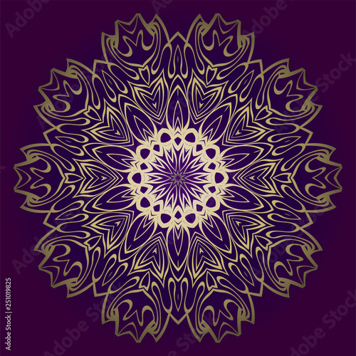Design Floral Mandala Ornament. Vector Illustration. For Coloring Book  Greeting Card  Invitation  Tattoo. Anti-Stress Therapy Pattern. Luxury purple gold color