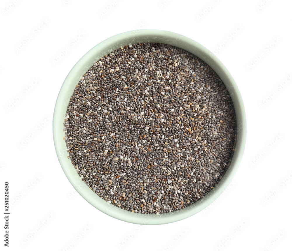 Bowl with chia seeds isolated on white, top view Bowl with chia seeds isolated on white, top view