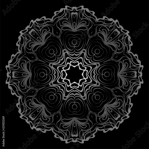 Design With Floral Mandala Ornament. Vector Illustration. Oriental Pattern. Indian  Moroccan  Mystic  Ottoman Motifs. Anti-Stress Therapy Pattern. Black  silver color