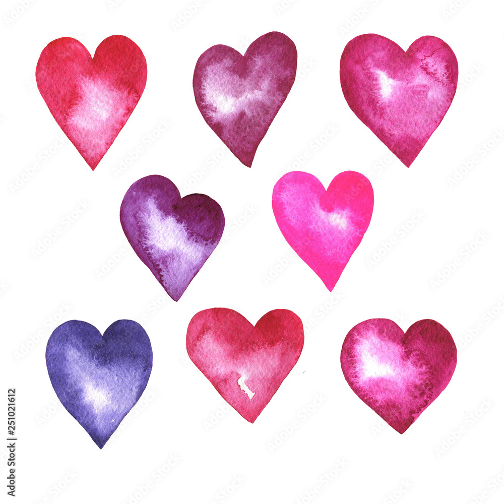 Set of decorative watercolor hearts isolated on white background. Hand drawn illustration. 