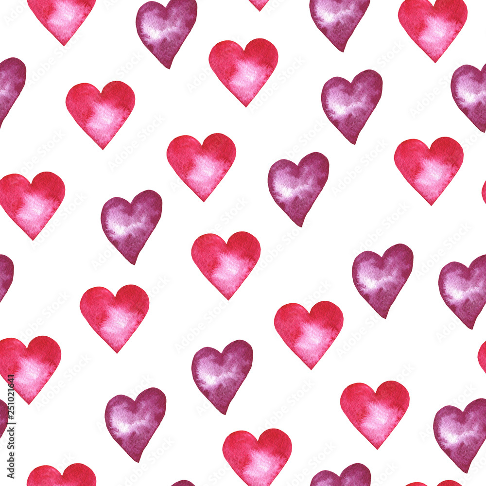 Seamless pattern with pink and purple hearts on white background. Valentine`s day design. Hand drawn watercolor illustration. Seamless pattern with pink and purple hearts on white background. Valentine`s day design. Hand drawn watercolor illustration.