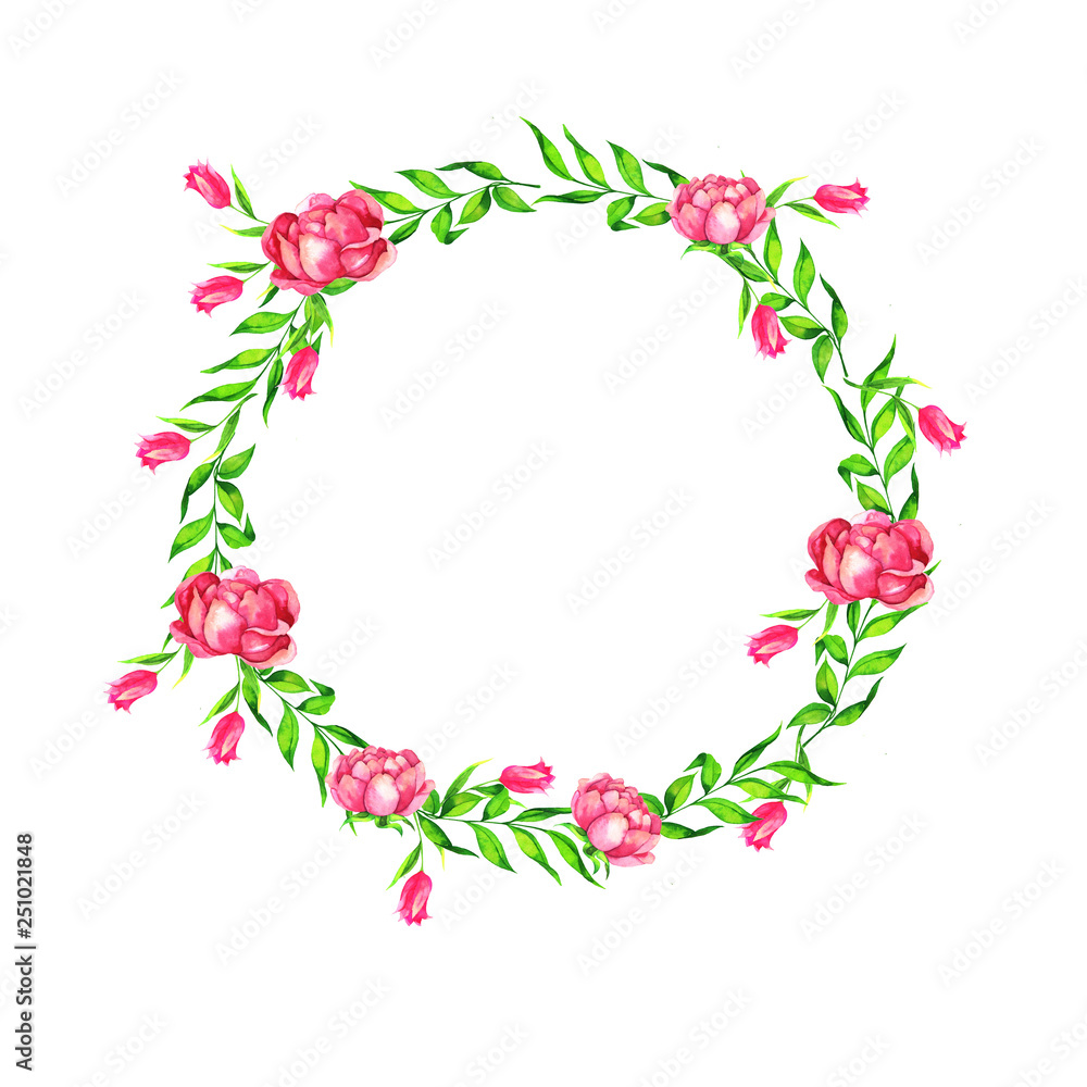 Decorative pink floral frame with green leaves and branches isolated on white background. Hand drawn watercolor illustration.