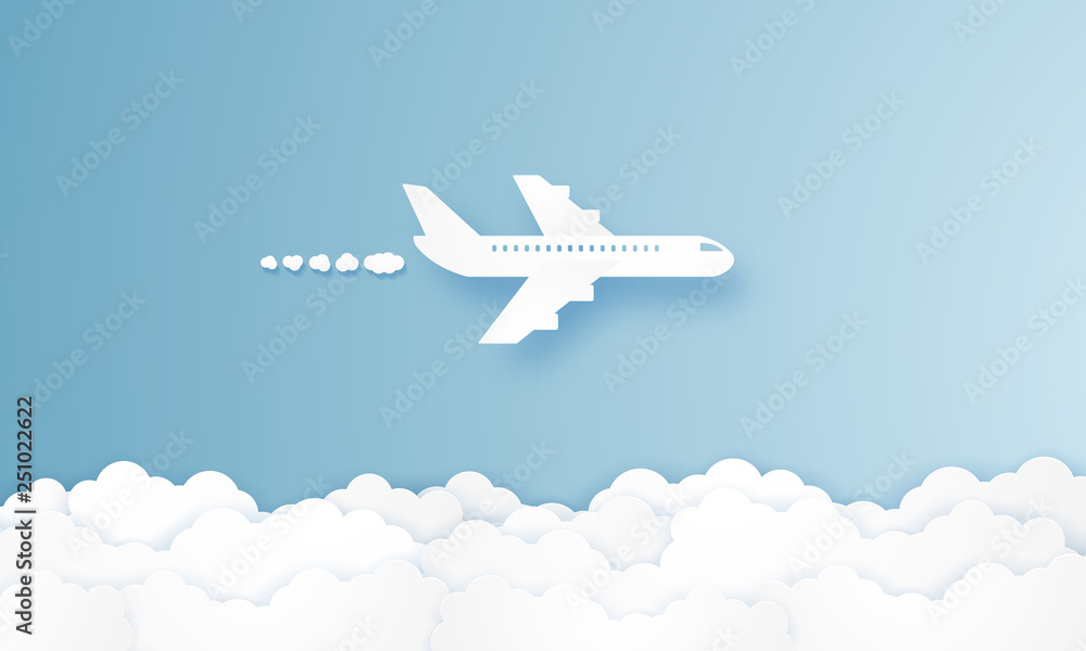 Airplane flying in the sky , paper art style