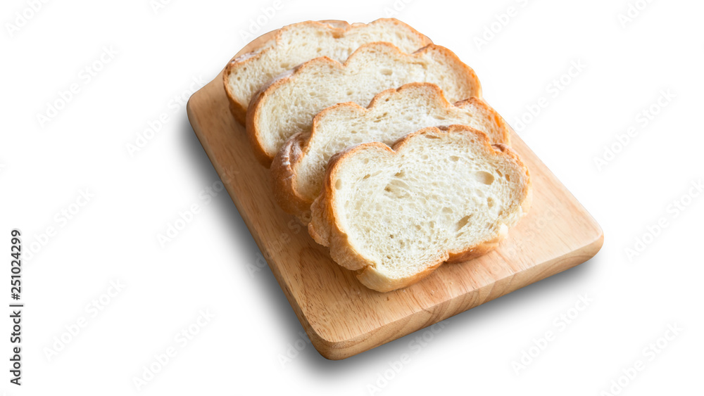 Sliced bread placing on wooden plate. Image is isolated on white background. Clipping path is included.
