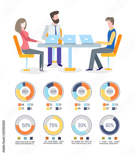 Businessman and workers talking about percentage vector. Pie diagrams with colored segments and percents information, business career numeric data