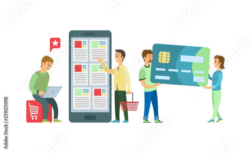 Credit card payment, online shopping mobile app vector. Smartphone or modern gadget, Internet store application, customers, supermarket cart or basket