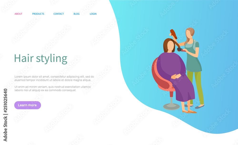 Hair styling woman client sitting in chair, website vector with information. Expert holding dryer making hairdo, customer relaxing on armchair site template. Webpage landing page flat style