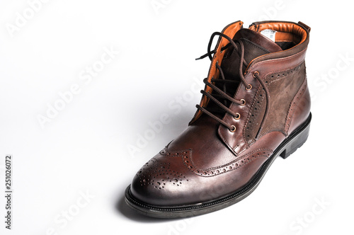 Men's classic brown deep shoes isolated on white background. Modern men's brown shoes