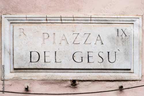 Piazza del Gesu' marble street sign in Rome, Italy