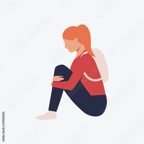 Depressed girl sitting on floor flat icon
