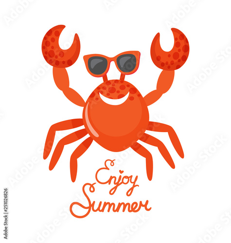 Crab in glasses, enjoy summer, oceanic underwater animal vector. Beach creature with claws and shell, accessory isolated wild species, seasonal recreation