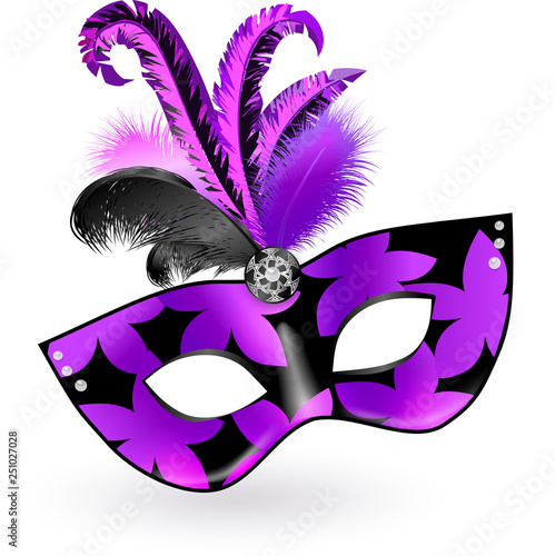 Carnival Mask with pink black lilac feathers on white background. Happy carnival festive concept. Vector illustration . Mardi gras