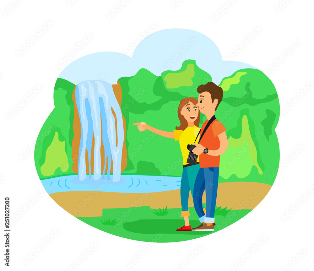 People traveling together vector, waterfall water falling in lake. Man and woman with camera, travelers excited from natural beauty, forest and trees People traveling together vector, waterfall water falling in lake. Man and woman with camera, travelers excited from natural beauty, forest and trees