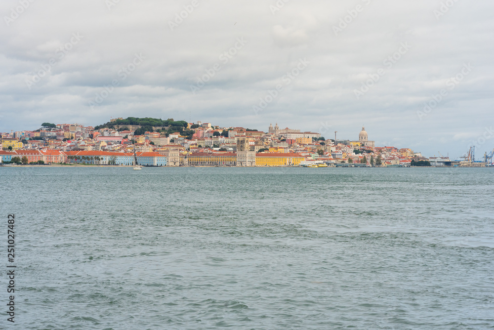Viewpoint over the river to the attractions of Lisbon. The Pombaline, Lower Town, Alfama and the castle over the city