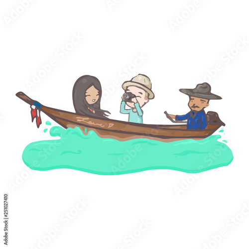 Cute couple moment a guy and a girl traveling the river by long tail boat