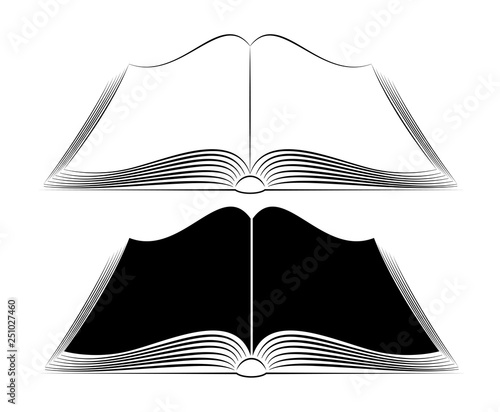 An open book on the table. Simple black outlines. Logo or emblem of a bookstore or knowledge base.