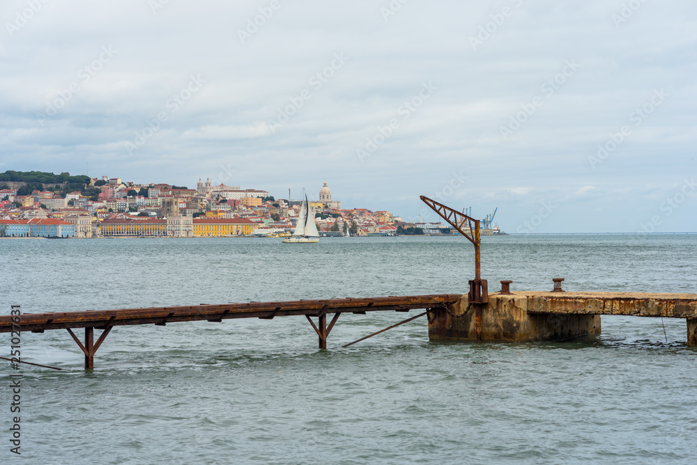 View from riverbank at Cacilhas over the Tagus river to Lisbon